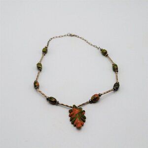 Unakite Sterling Silver Beaded Necklace Leaf Stone Pendant Vintage Carved Stone